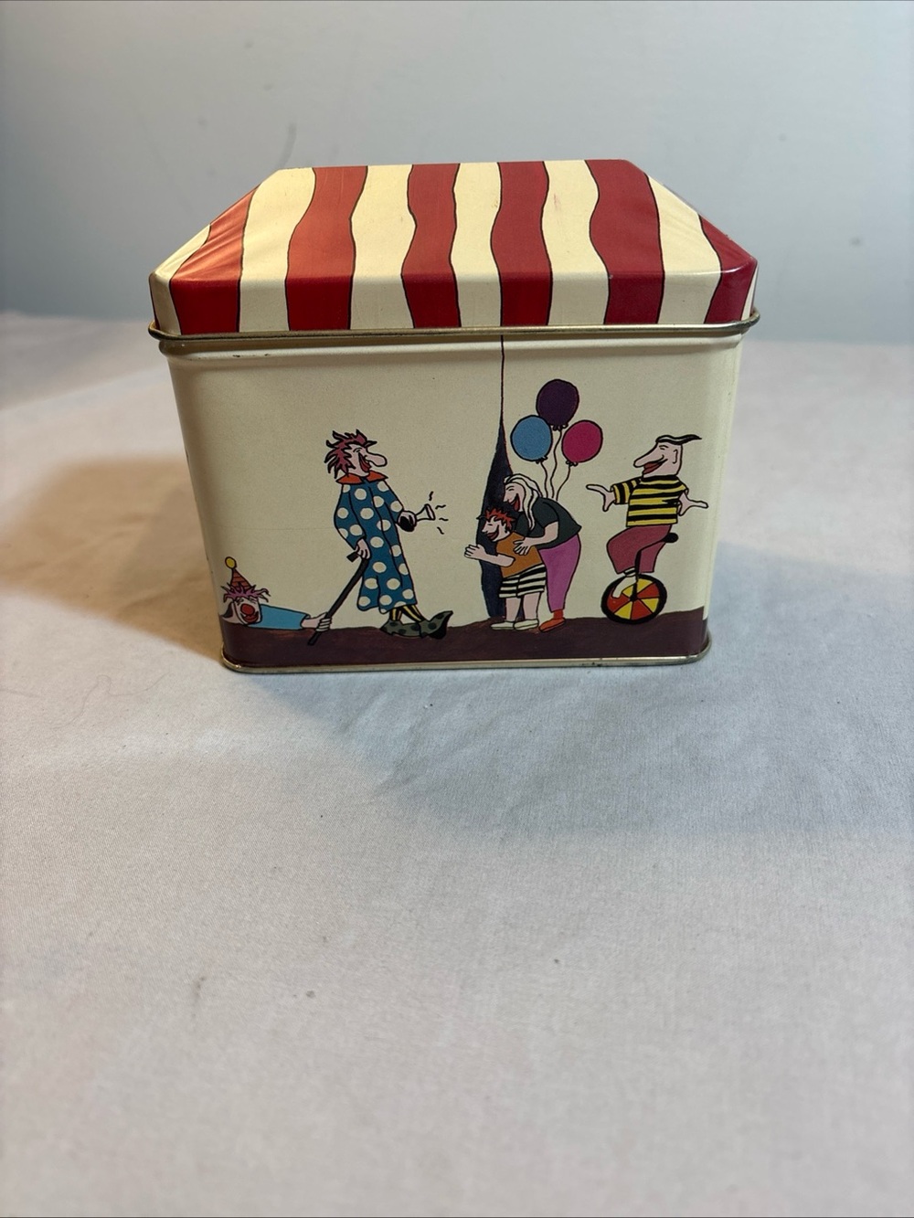 Vintage 1995 Three Ring Circus Cream and Red Striped Decorative Storage Tin